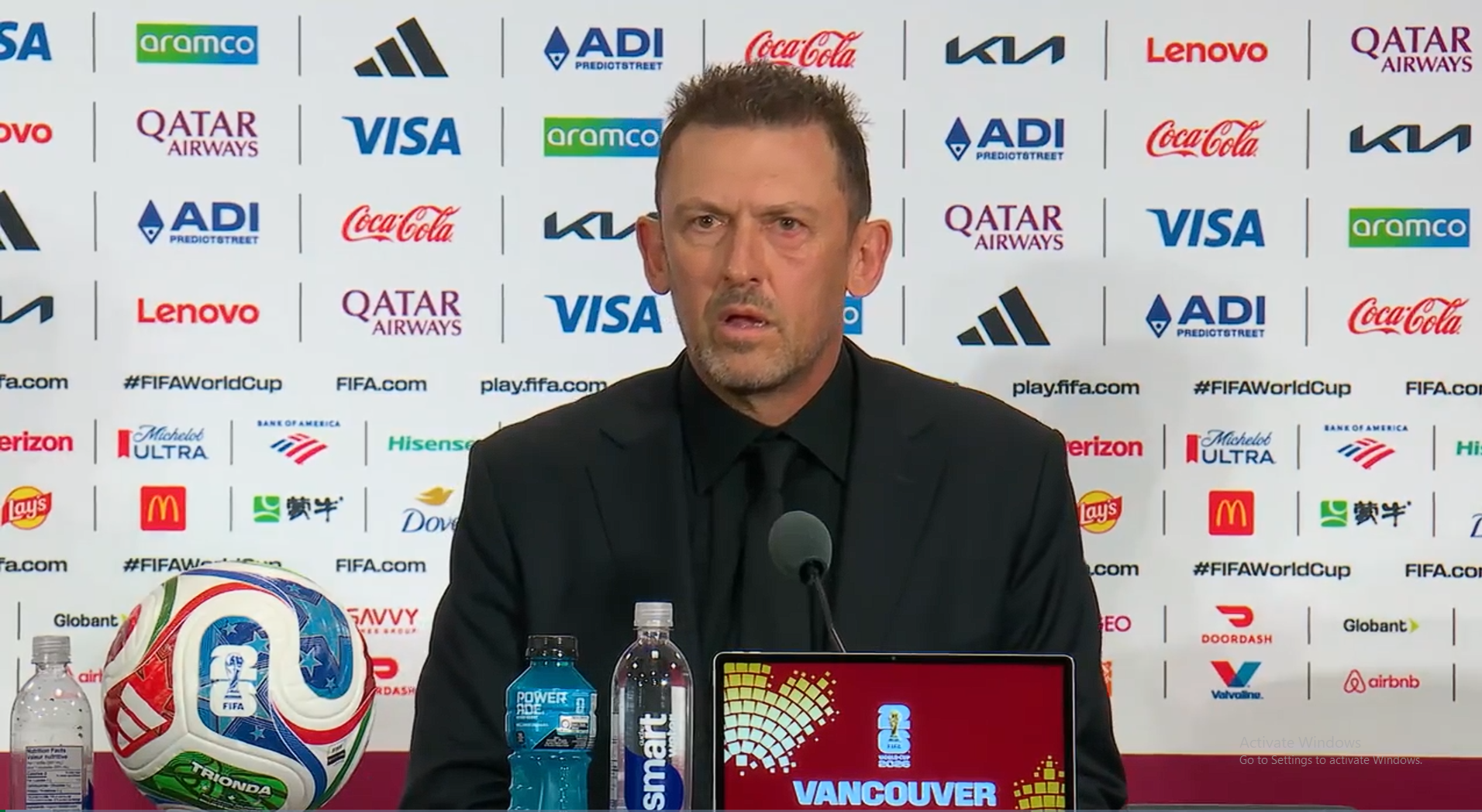 Tony Popovic faces the media after Australia’s 2-0 win. Image: Football Australia.