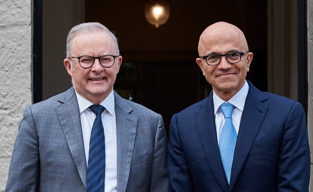 Artificial .... Microsoft chairman Satya Nadella with PM Anthony Albanese in Sydney earlier this year. Nadella had flown to announce $25m in new data centres, cyber security and skills training over four years. Photo: Microsoft