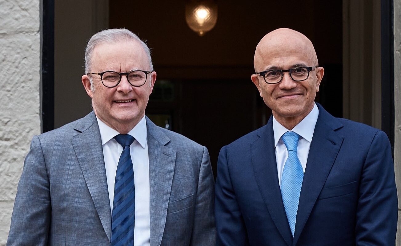 Artificial .... Microsoft chairman Satya Nadella with PM Anthony Albanese in Sydney earlier this year. Nadella had flown to announce $25m in new data centres, cyber security and skills training over four years. Photo: Microsoft