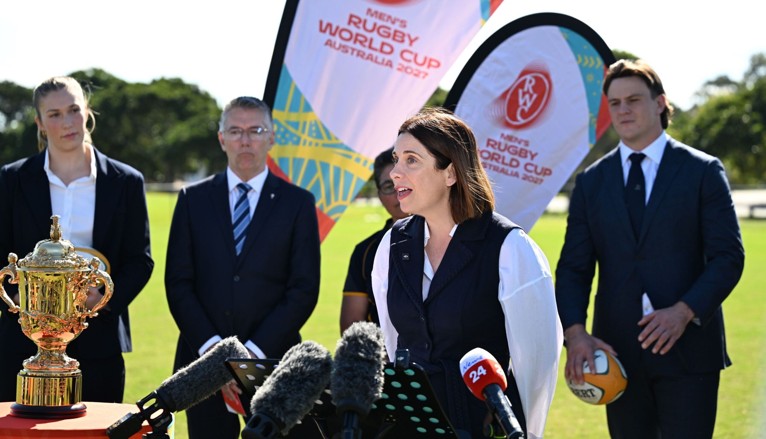 Two ... Federal Sport Minister Annika Wells announces the $90 million funding deal. Photo: World Rugby