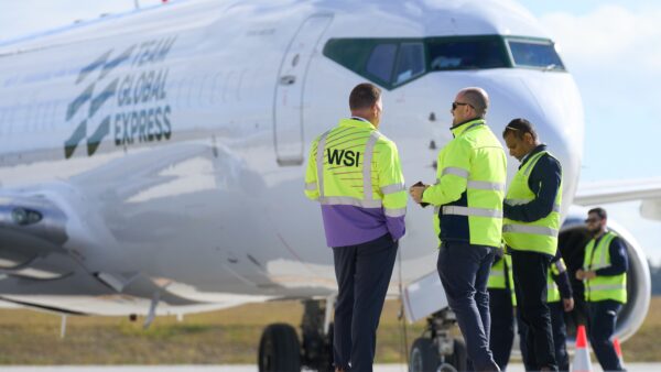 freight ... A Team Global Express freighter on the tarmac during the opening ceremonies. Photo