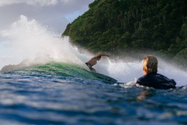 ... riding at Burleigh Heads … Laura Enever hits the skids … and Owen Wright goes airborne. Photos: ANDREW SHIELD/supplied
