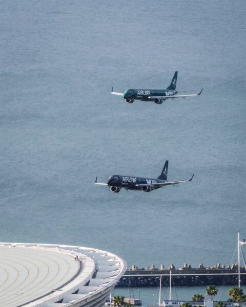 The two aircraft make their approach to the stadium in Cape Town on Saturday. Photo: Airlink.