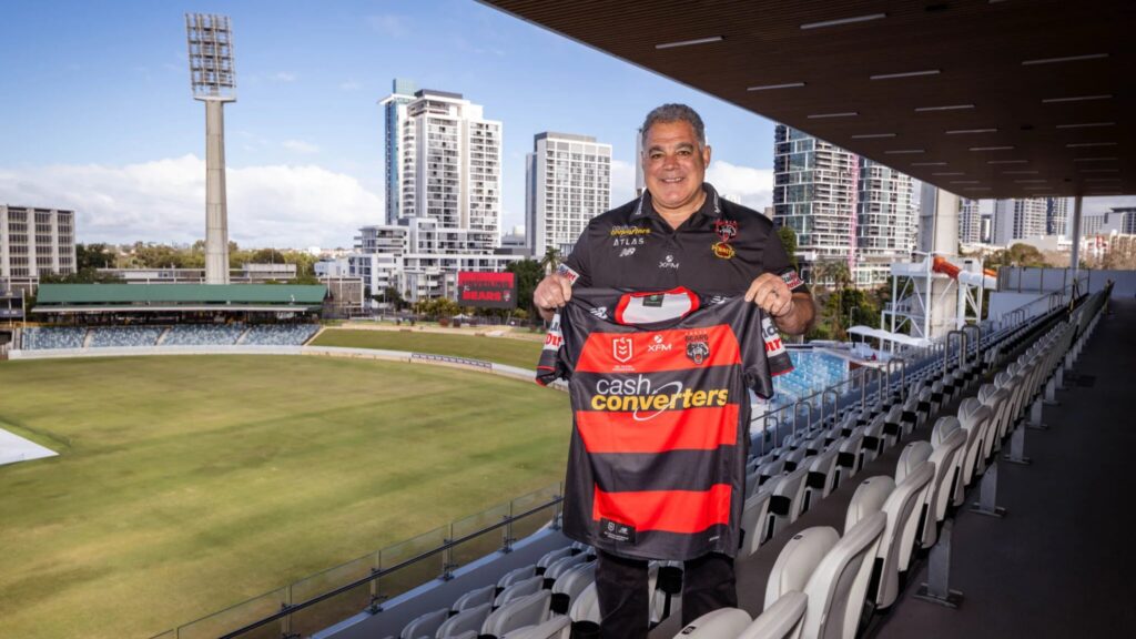 Mal Meninga shows Perth's new jersey during the unveiling ceremony in Perth. Photo: Perth Bears