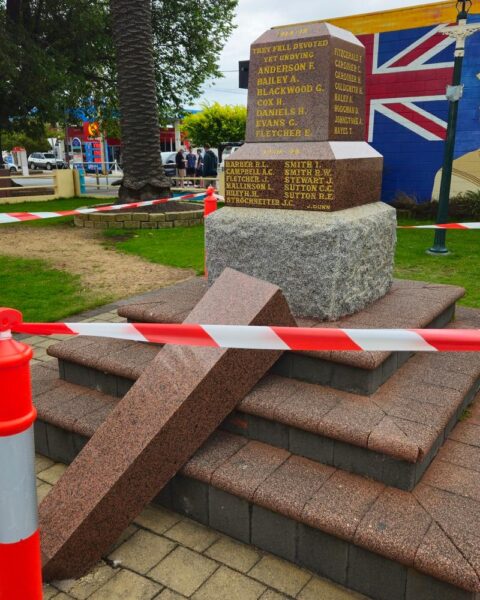 The damaged cenotaph at St Helens, east of Launceston. Photo: Tasmania Premier Jeremy Rockcliff Twitter (X)