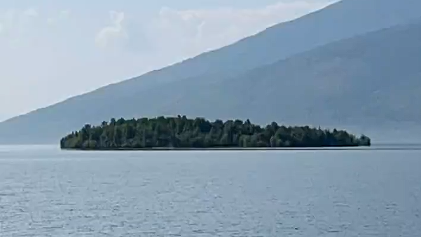 A screen capture of the island at Ospika Arm, taken from an X (Twitter) post from BC Hydro.