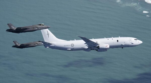 Two RAAF F-35s intercept an RNZAF P-8 maritime patrol aircraft during Exercise Agile Tasman in NZ. Photo: NZ Defence Force