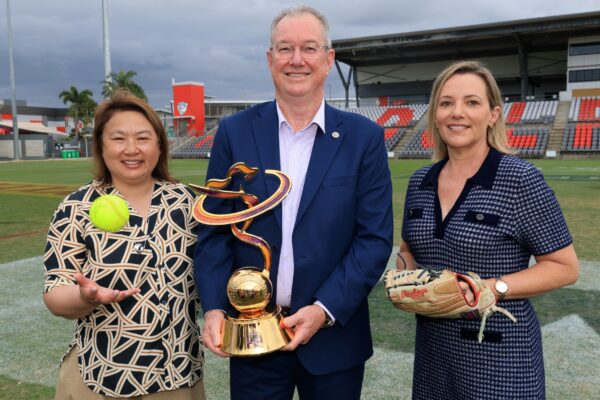 Softball Australia CEO Sarah Loh, Moreton Bay Mayor Peter Flannery and Deputy Mayor Jodie Shipway. Photo: SOFTBALL AUSTRALIA