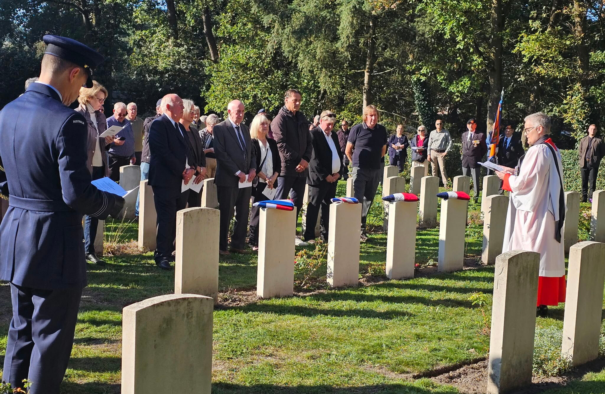 Group Captain Ruth Hake leads the headstone rededication ceremony in Venray, the Netherlands. Photo: Department of Defence
