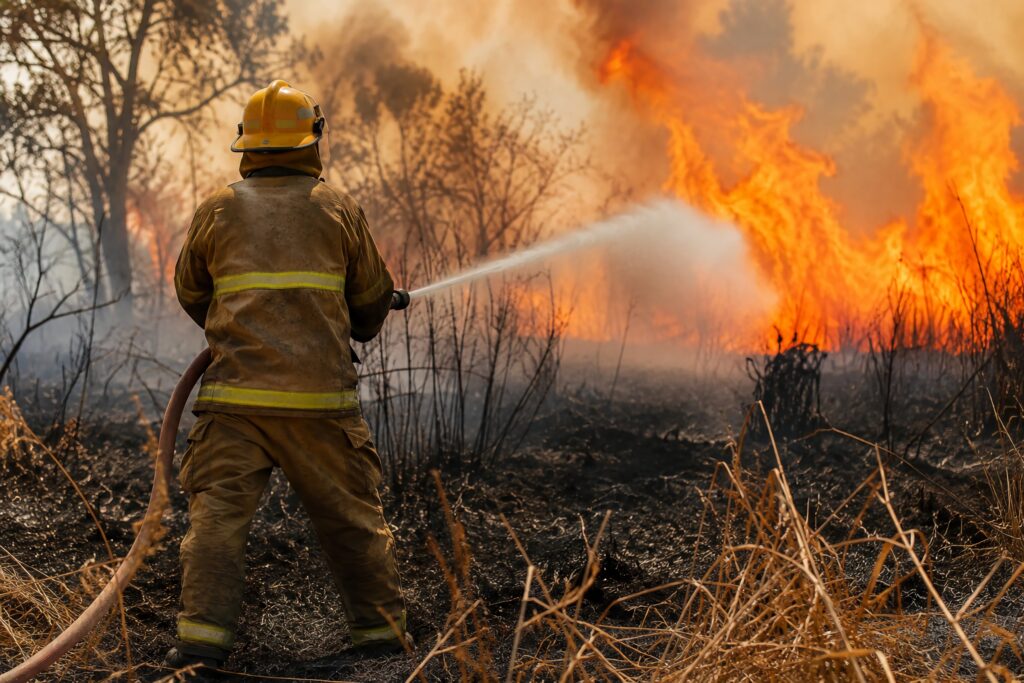 Firefighter spraying water on a bushfire, Victoria bushfire disaster payment