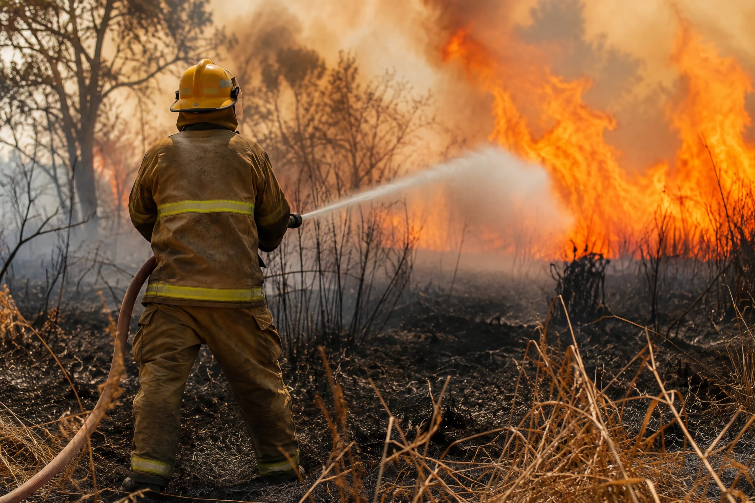 Firefighter spraying water on a bushfire, Victoria bushfire disaster payment