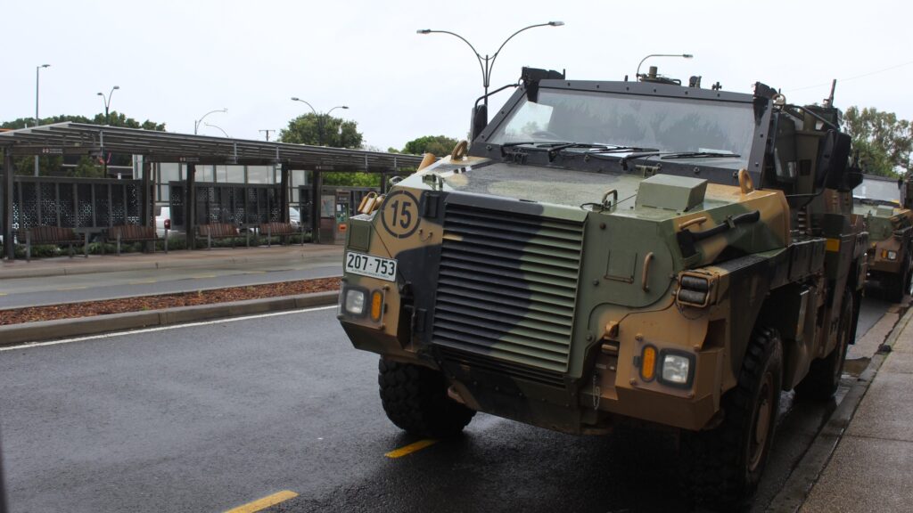 Queensland ... An Australian Army Bushmaster armoured vehicle … the Aussie vehicle has been exported to overseas, including to Ukraine. Photo: ANDREW KACIMAIWAI