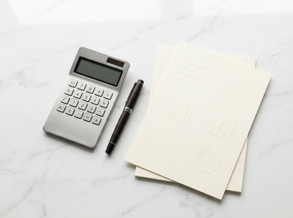 Calculator, pen and paper with charts on a marble desk, illustrating NDIS pricing schedules