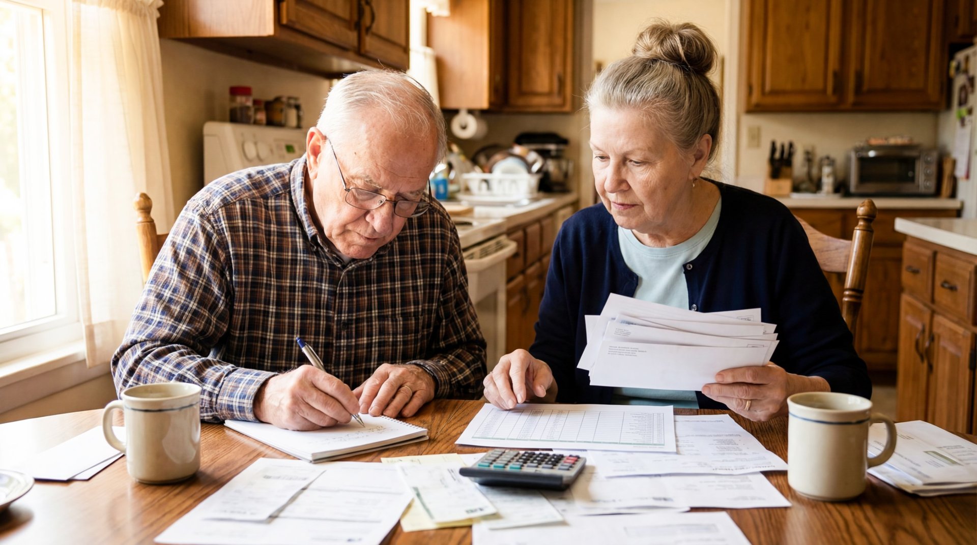 Older couple going through bills with a calculator, as deeming rates rise