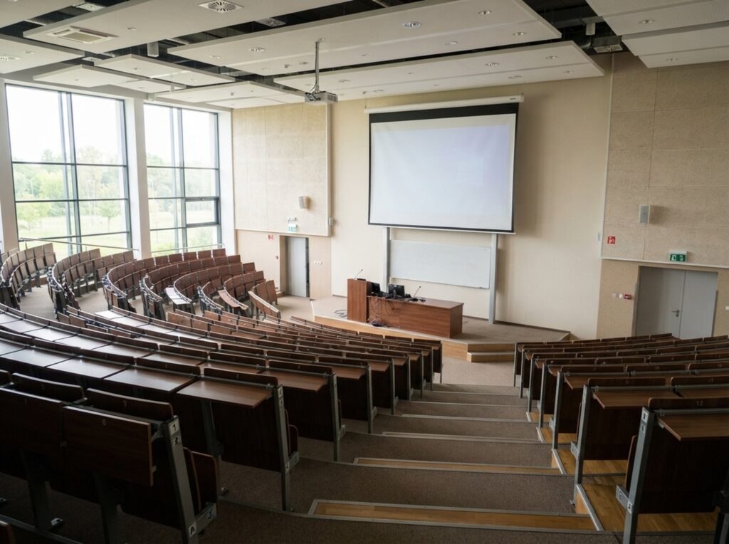 Empty university lecture hall with tiered seating, Student visa rules