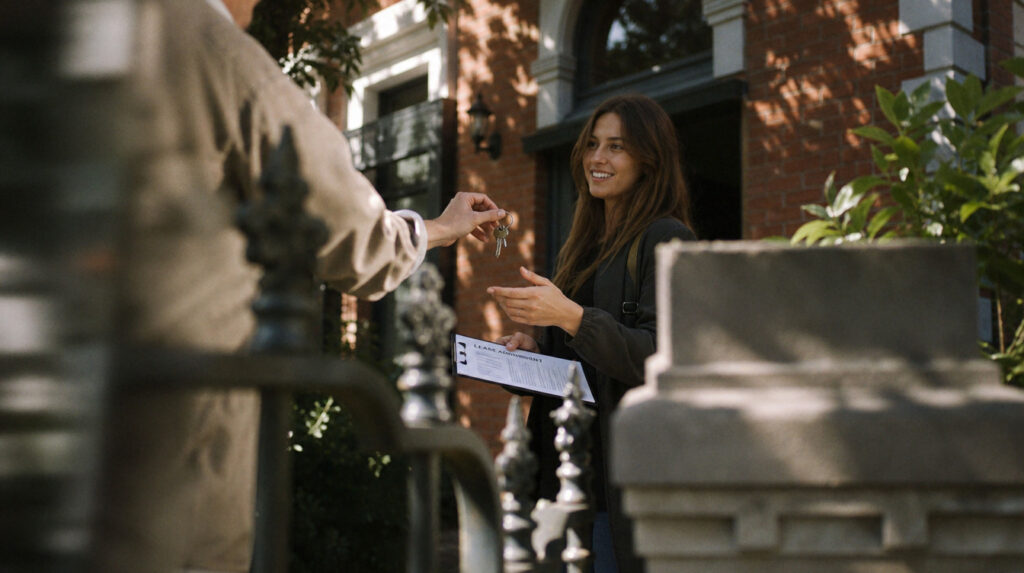 A renter receives house keys and a lease agreement outside a red-brick home, following the Victoria rental reforms.