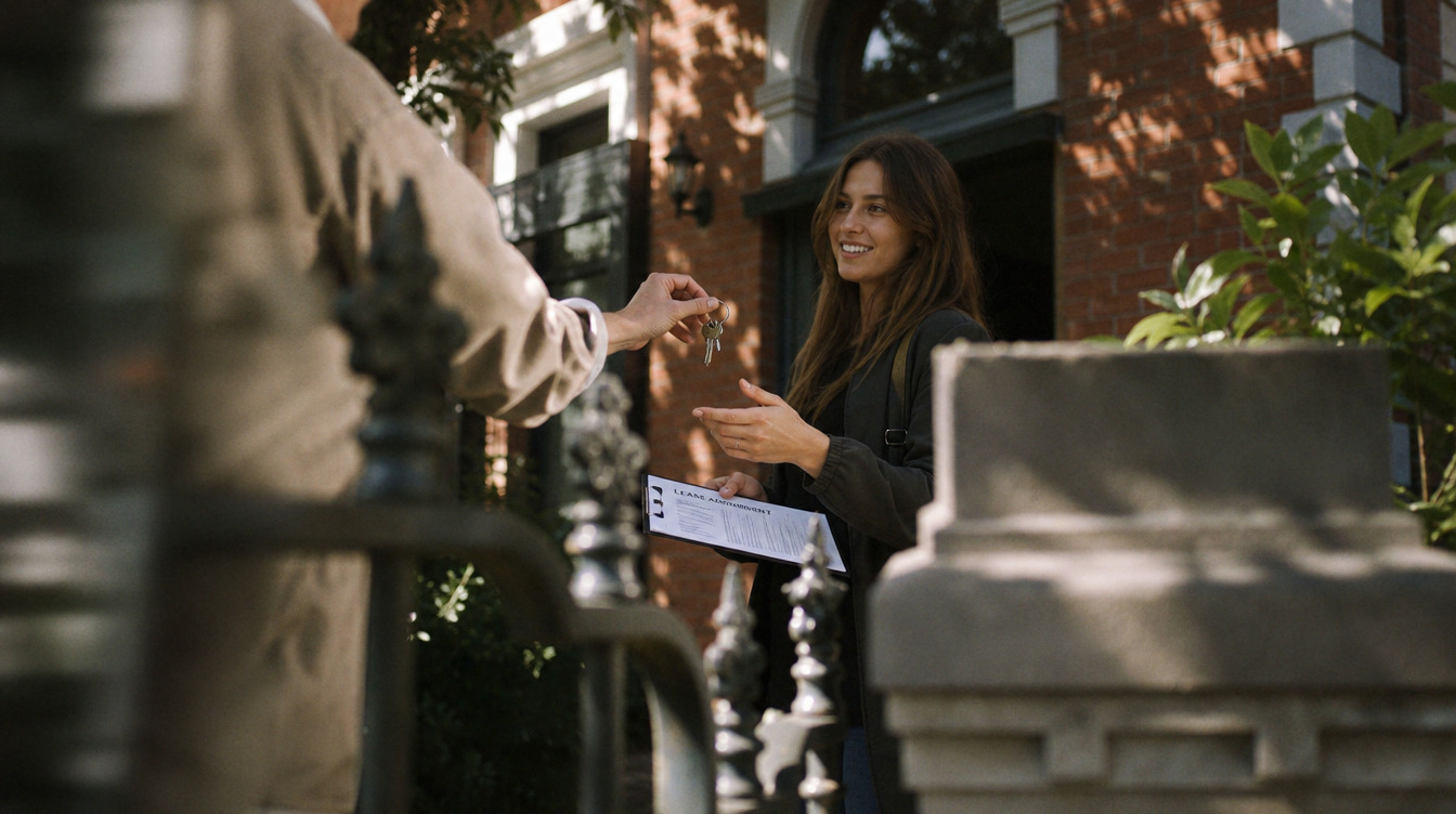 A renter receives house keys and a lease agreement outside a red-brick home, following the Victoria rental reforms.
