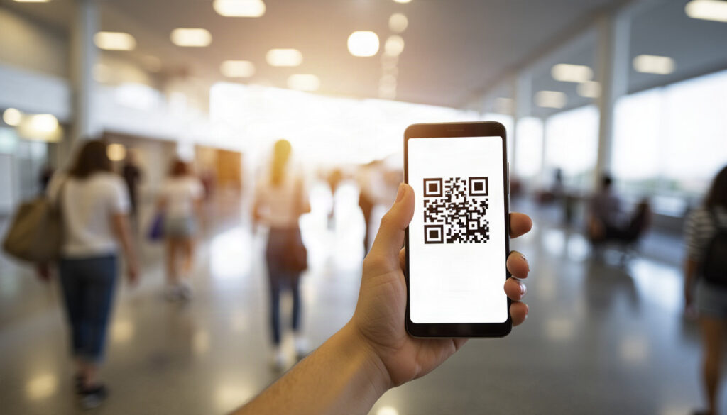 Traveller holding a phone showing an Australia Travel Declaration QR code in an airport terminal