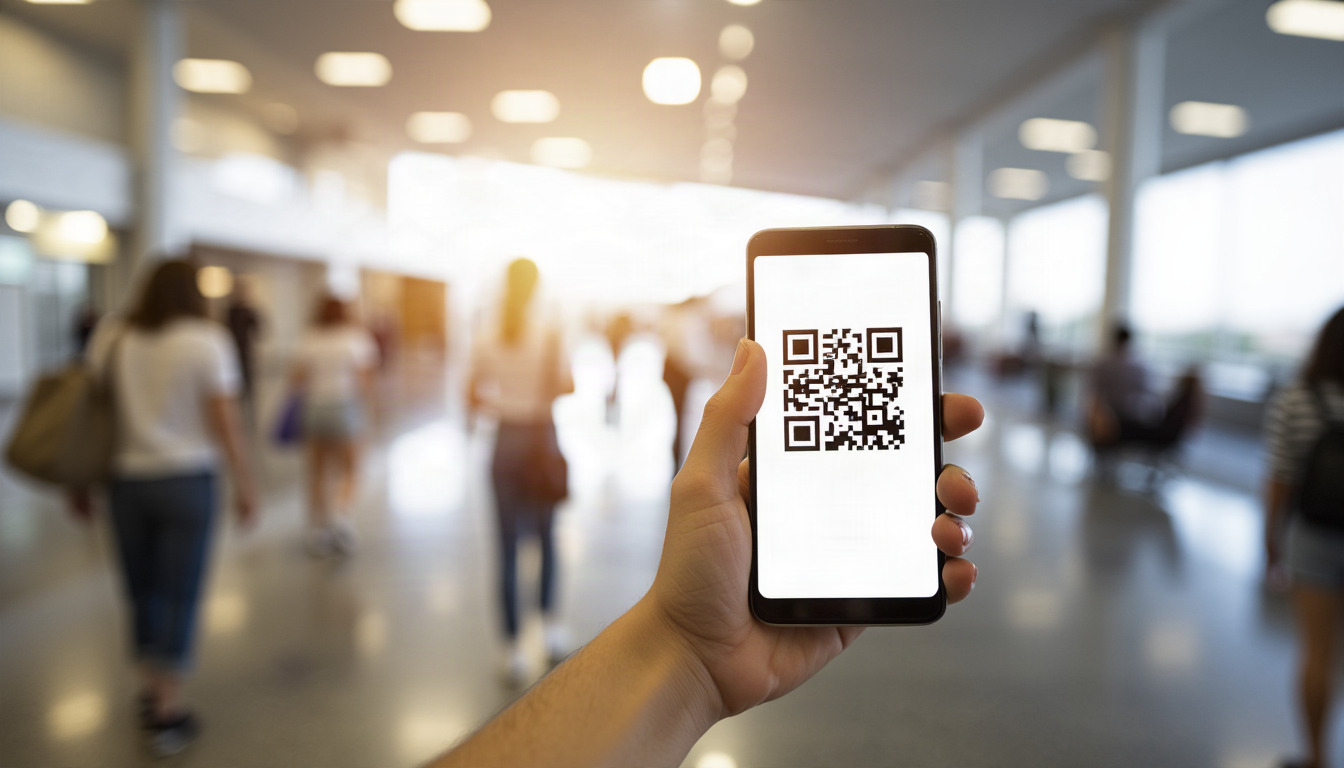 Traveller holding a phone showing an Australia Travel Declaration QR code in an airport terminal