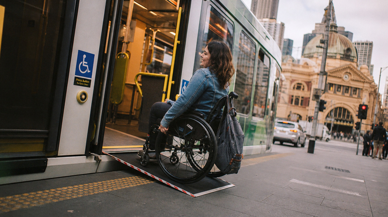 Wheelchair user boarding a tram via a ramp, illustrating Australia’s Disability Standards for Accessible Public Transport