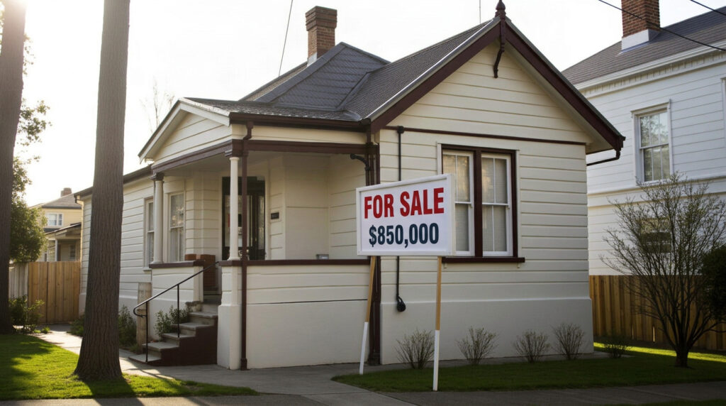 Weatherboard house with a For Sale sign showing $850,000, illustrating Victoria’s Property Price Statement rules.