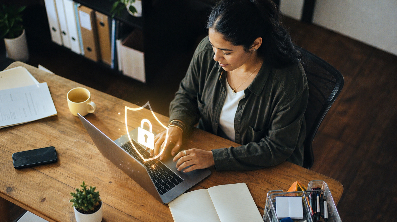 RFFR accreditation....A woman typing on a laptop at a wooden desk, with a glowing shield and padlock icon above the keyboard, and binders, folders and paperwork in the background.