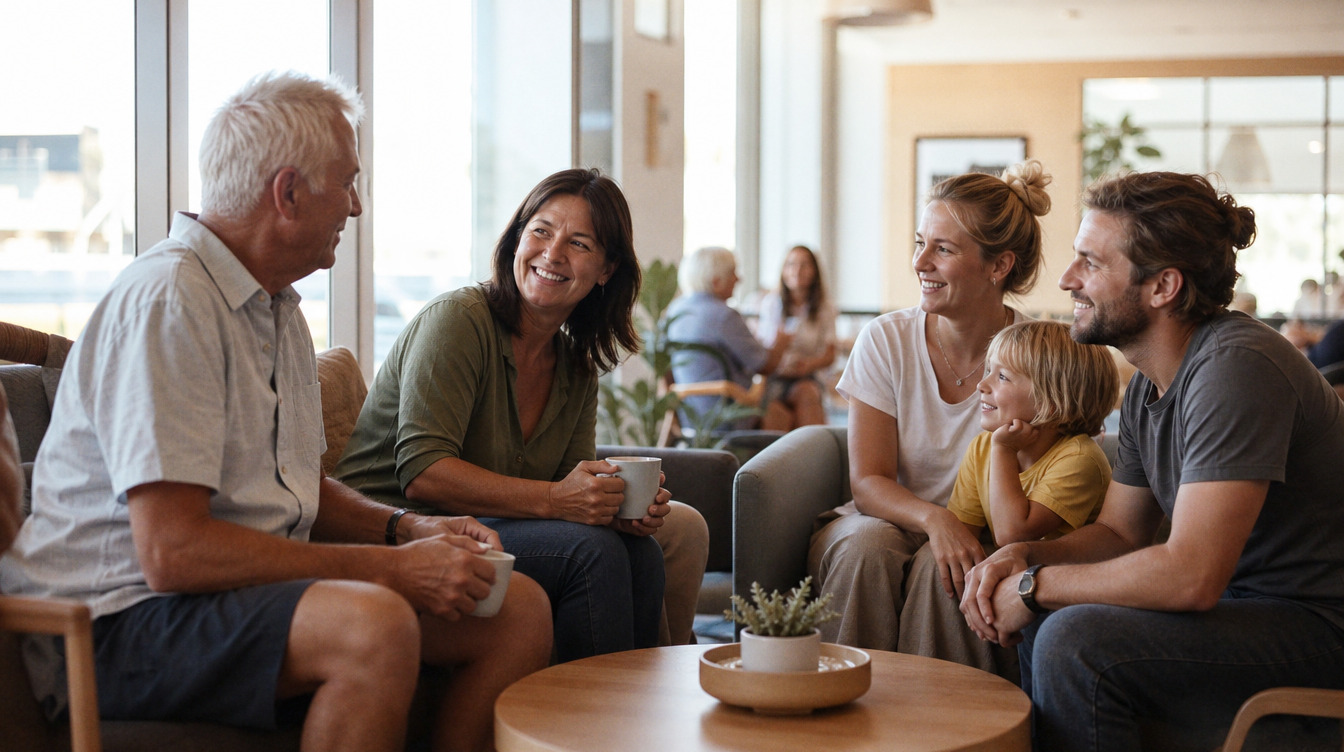 Illustration of a veteran and his family chatting over coffee, representing the support offered at the Goldsworthy Centre in Rockingham.