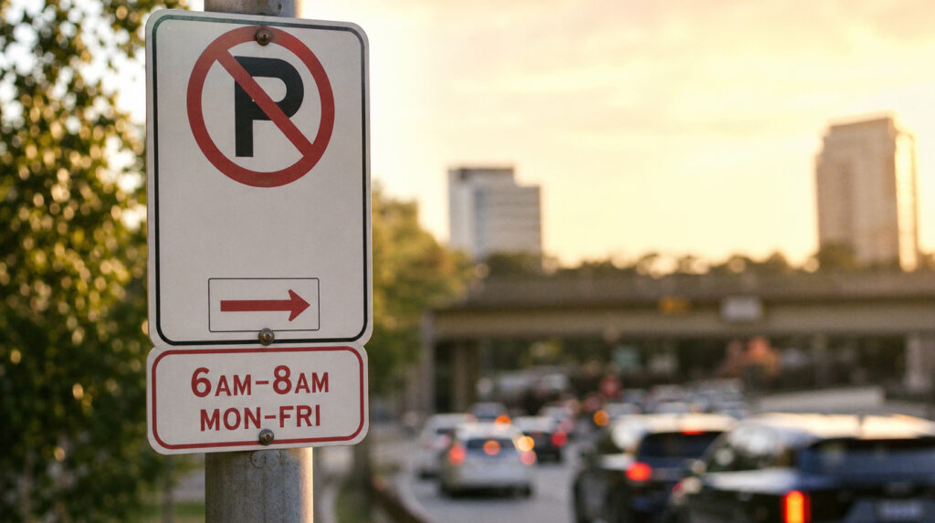 No Parking sign reading 6am–8am Mon–Fri, for the Princes Highway Heathcote changes