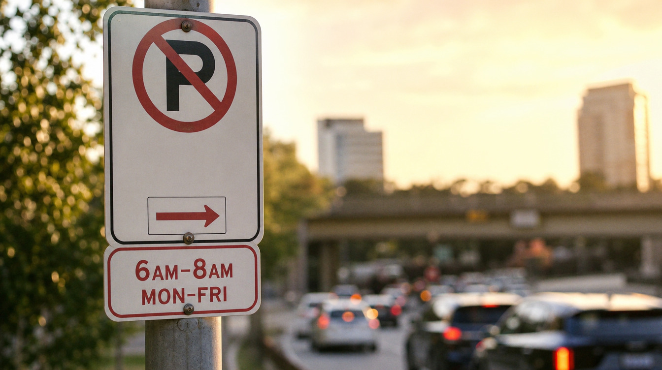 No Parking sign reading 6am–8am Mon–Fri, for the Princes Highway Heathcote changes