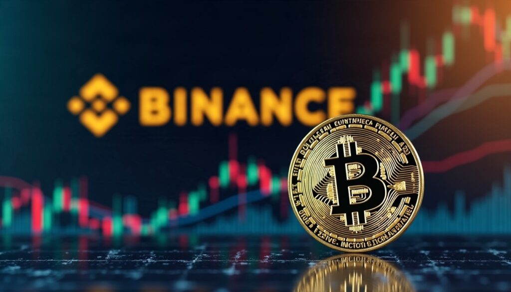 Bitcoin coin in front of the Binance logo and a crypto price chart, illustrating the Binance hack