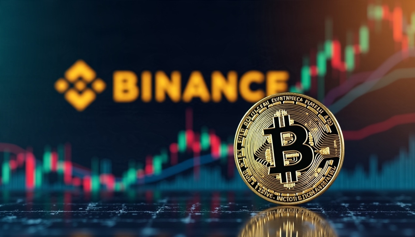 Bitcoin coin in front of the Binance logo and a crypto price chart, illustrating the Binance hack