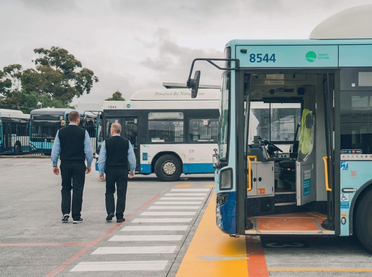 Bus drivers walking past Sydney buses at a depot ahead of the new Route 444 bus