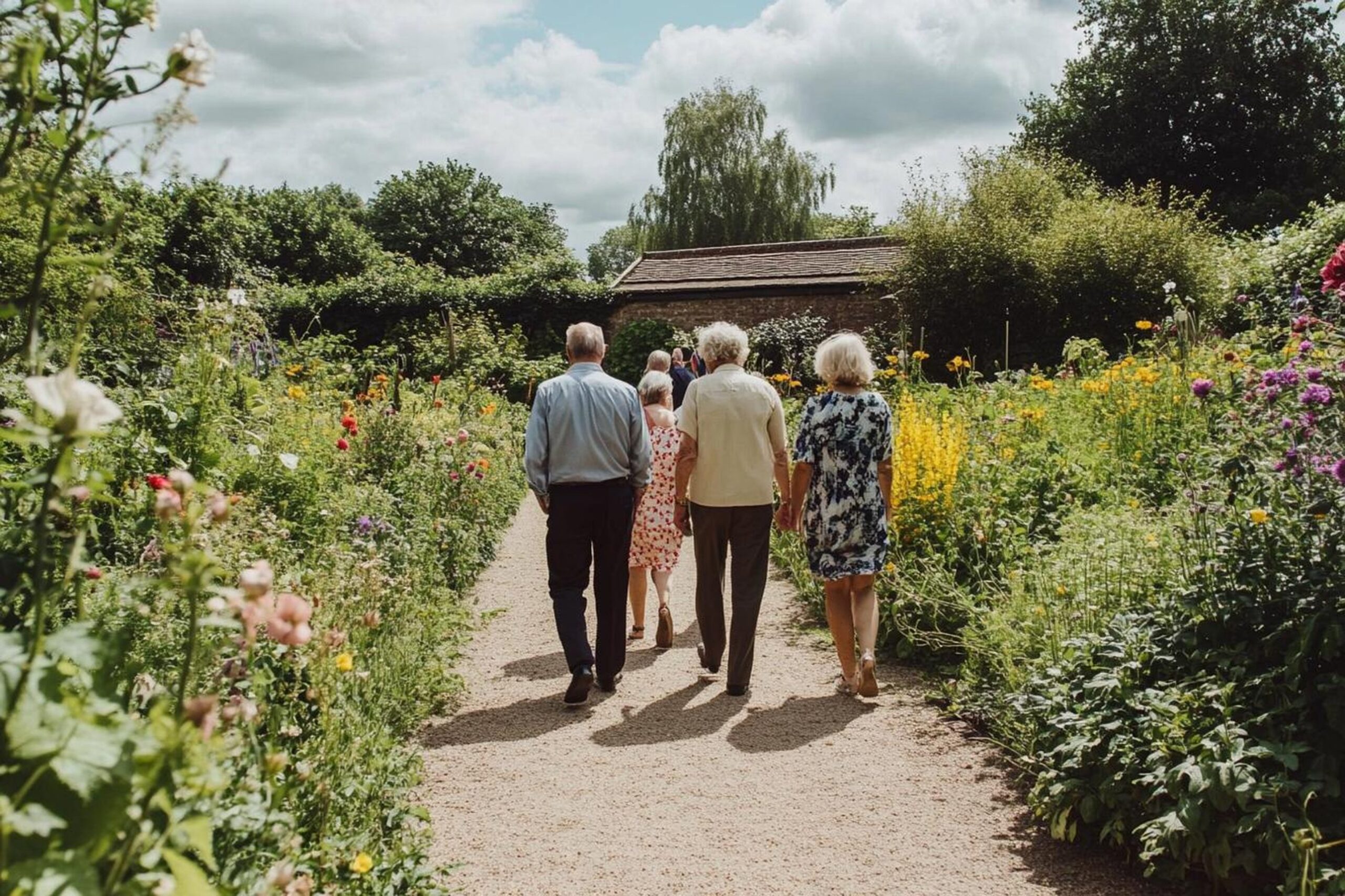Older residents walking along a garden path, SA retirement village training