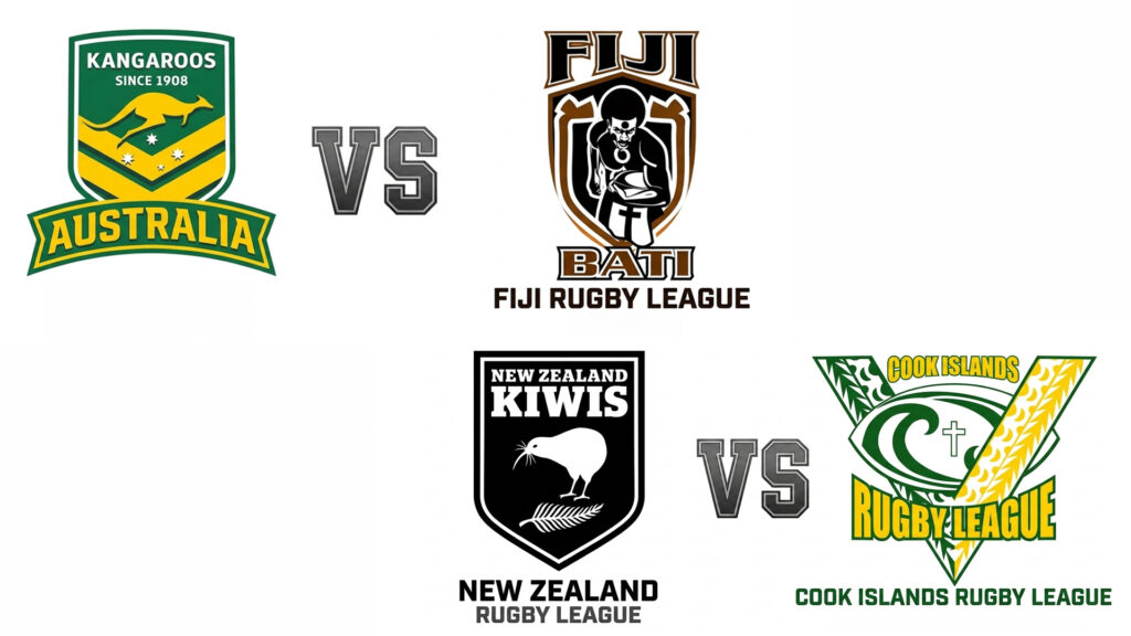 Kangaroos beat Fiji: team logos for Australia v Fiji and New Zealand v Cook Islands at the Rugby League World Cup